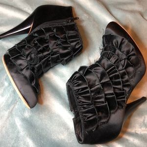 BCBGMaxAzria Black Satin Ruffled Booties